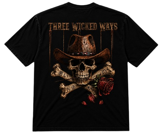Back of Three Wicked Ways Hard Rock Country T-shirt