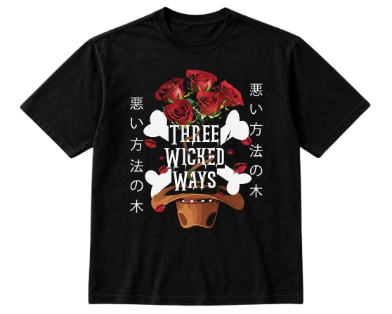 Front of Three Wicked Ways cowboy skull T-shirt